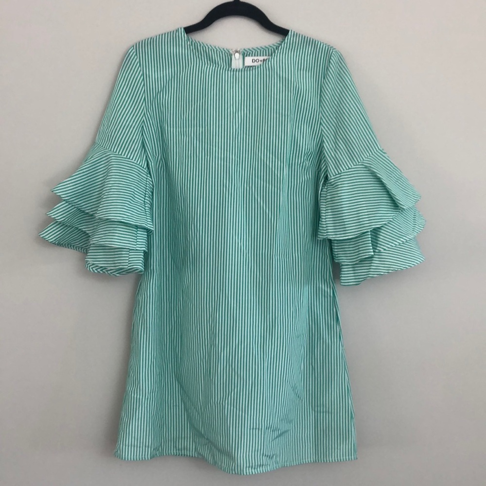 Green & White Pin Striped Dress with Bell Sleeves